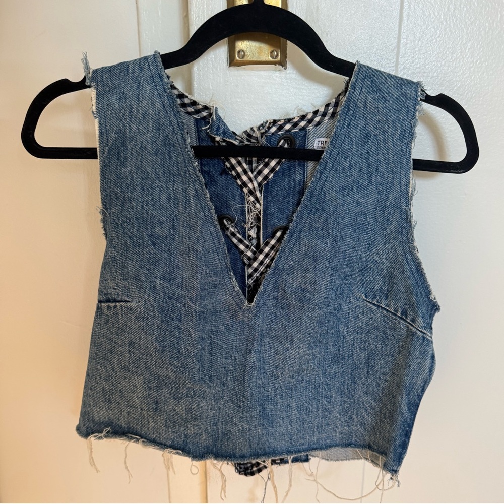 Denim Sleeveless Crop Top with Checkered Detail